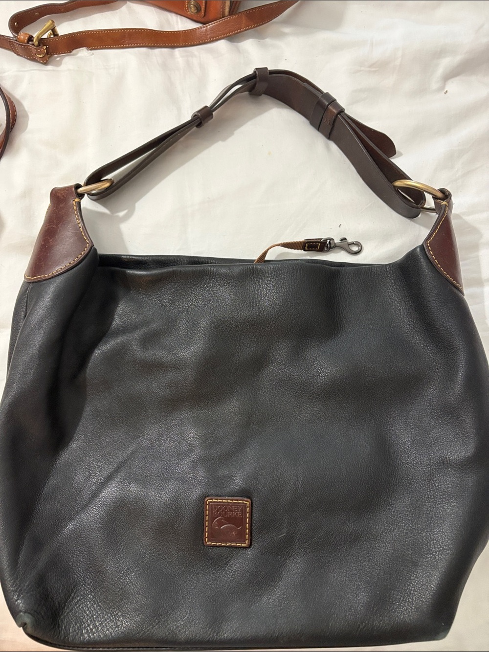 Dooney & Bourke Black Leather Shoulder Bag with Brown Trim17” wide by 12” tall